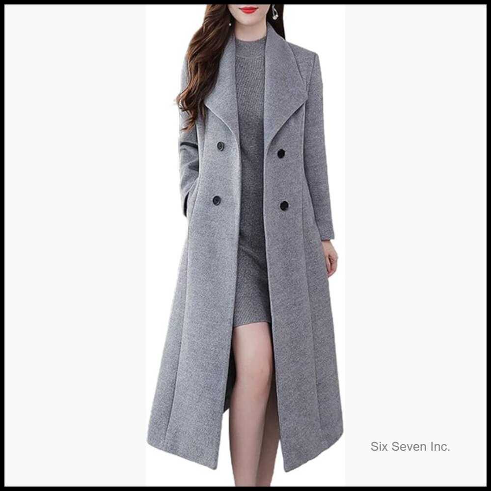 Polyester Wool Blend Double Breasted Shawl Lapel Pea Coat